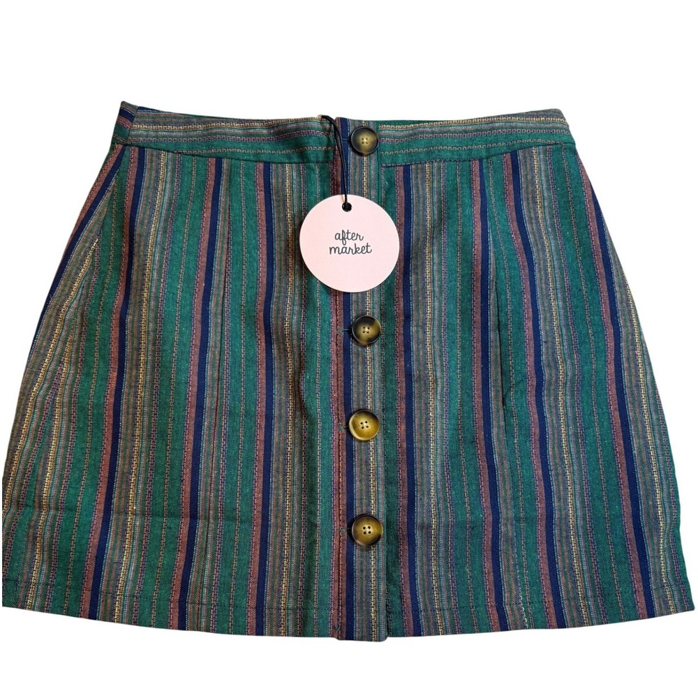 After Market Green Striped Button Front Mini Skirt Metallic Woven Boho Womens L